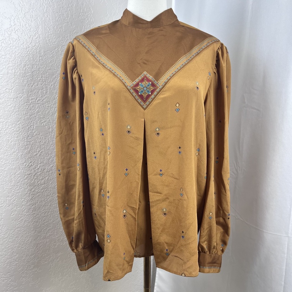 Vintage 80s Top Womens 44 US 12 Yellow/Brown Satin Boho Western Statement Retro